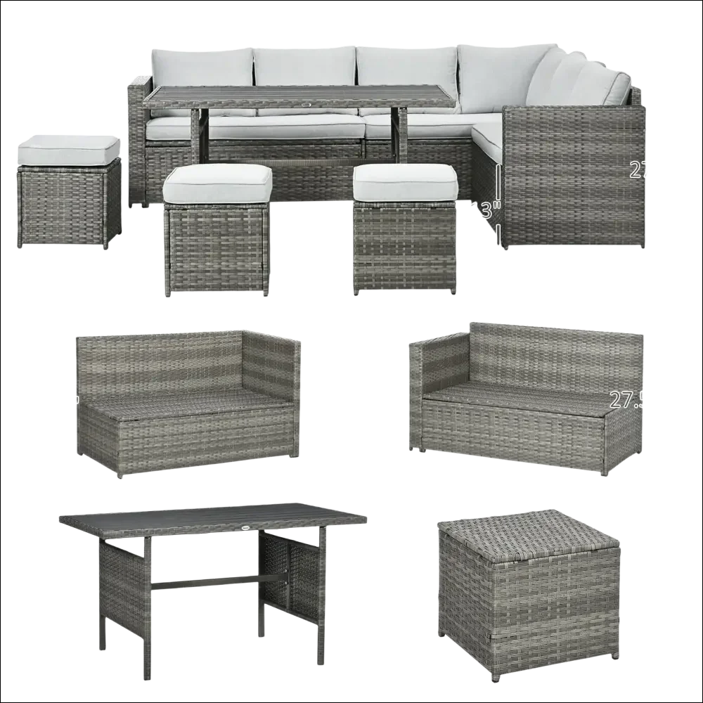 Sofá seccional de mimbre gris con otomanas para patio