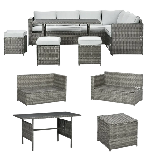 Sofá seccional de mimbre gris con otomanas para patio