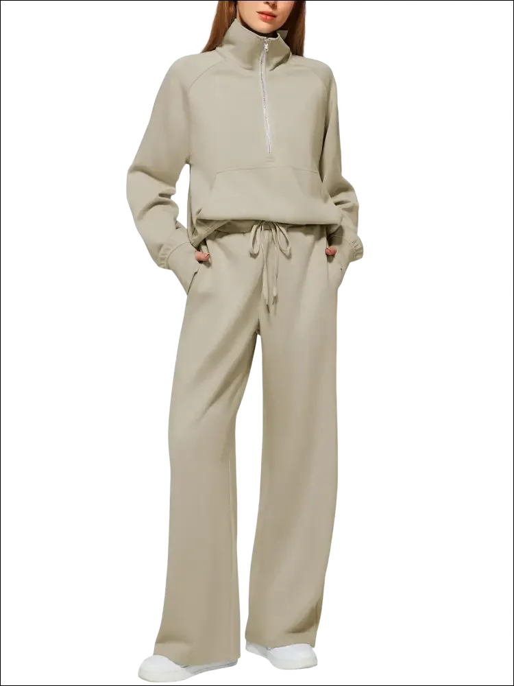 Sudadera ancha de manga larga con cremallera beige para mujer