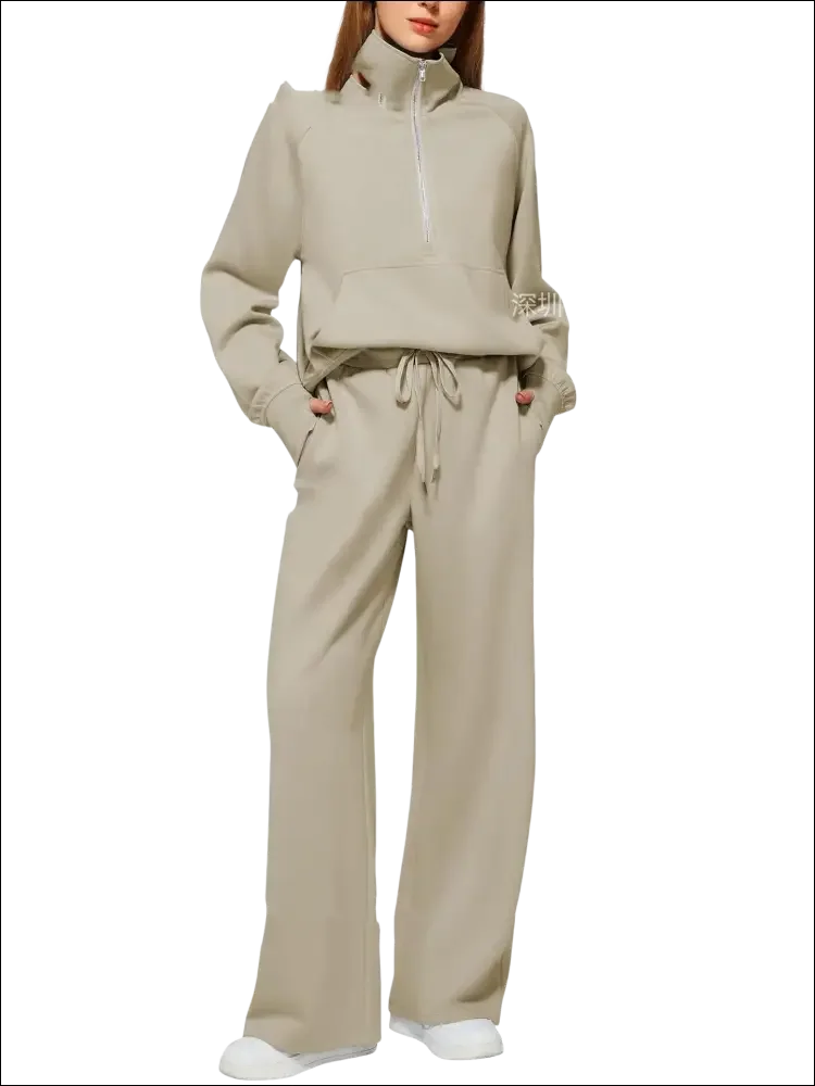 Sudadera ancha de manga larga con cremallera beige para mujer