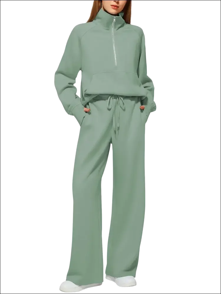 Sudadera ancha de manga larga con cremallera en verde salvia para mujer