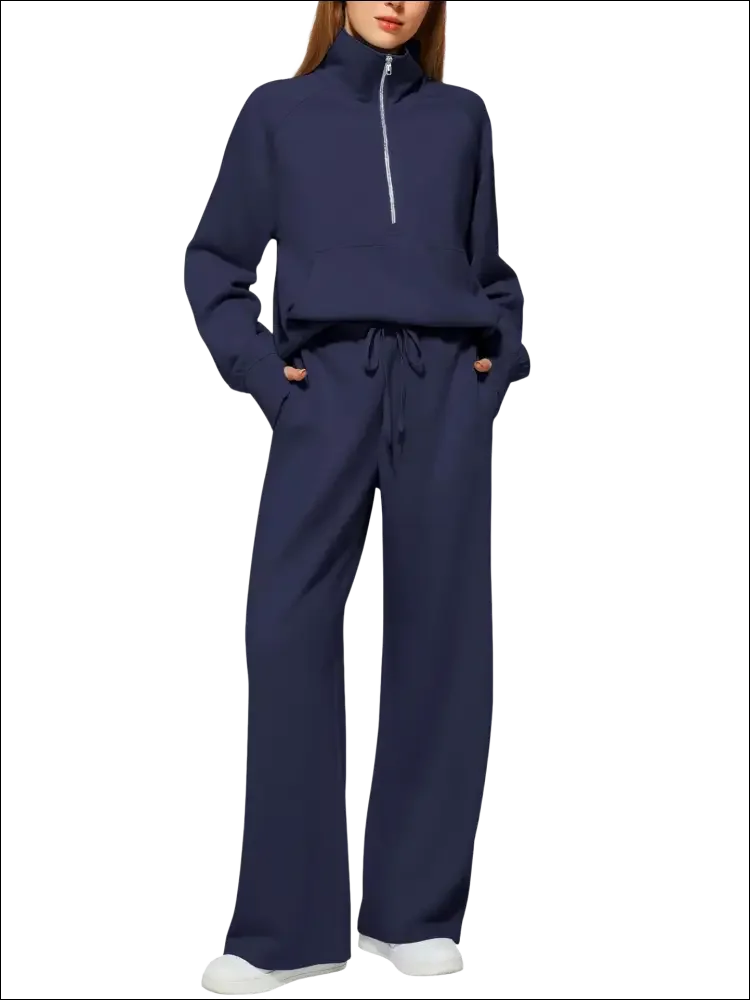 Sudadera ancha de manga larga con cremallera azul marino y pantalones conjunto mujer